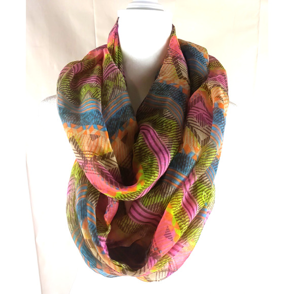 Infinity Scarf Orange Blue Aztec Design 68" X 23 Sheer Lightweight - Picture 8 of 8